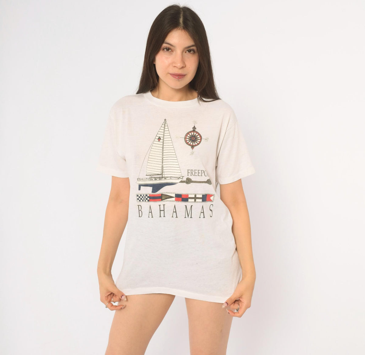 90s Bahamas Freeport Sailboat Compass Souvenir Tee White Graphic Medium