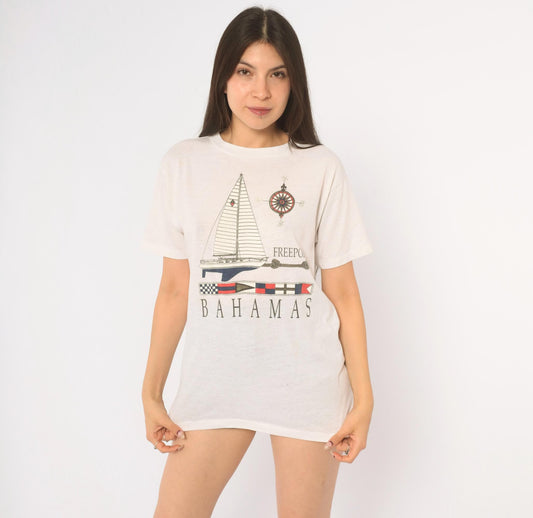90s Bahamas Freeport Sailboat Compass Souvenir Tee White Graphic Medium
