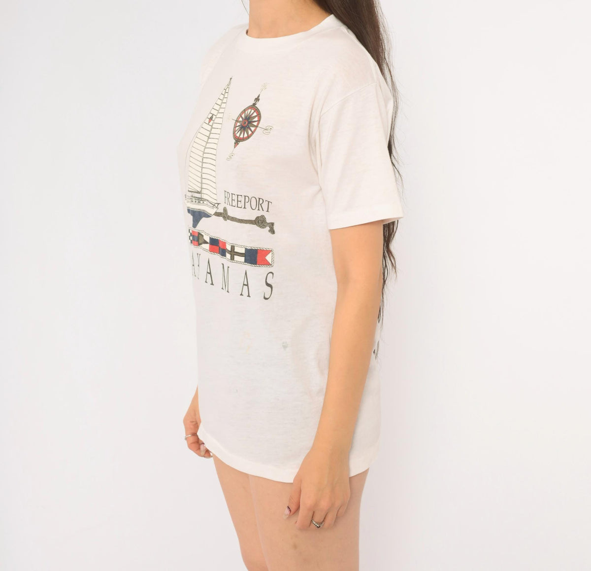 90s Bahamas Freeport Sailboat Compass Souvenir Tee White Graphic Medium