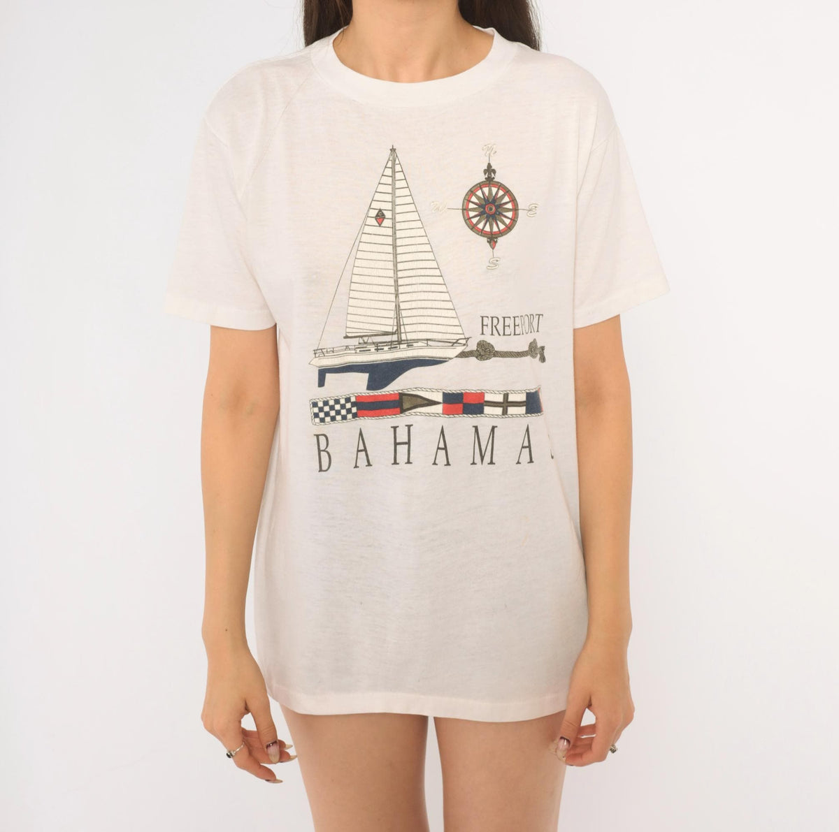 90s Bahamas Freeport Sailboat Compass Souvenir Tee White Graphic Medium