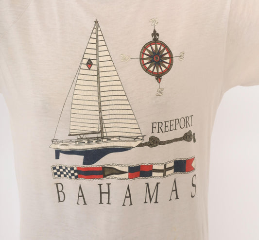 90s Bahamas Freeport Sailboat Compass Souvenir Tee White Graphic Medium