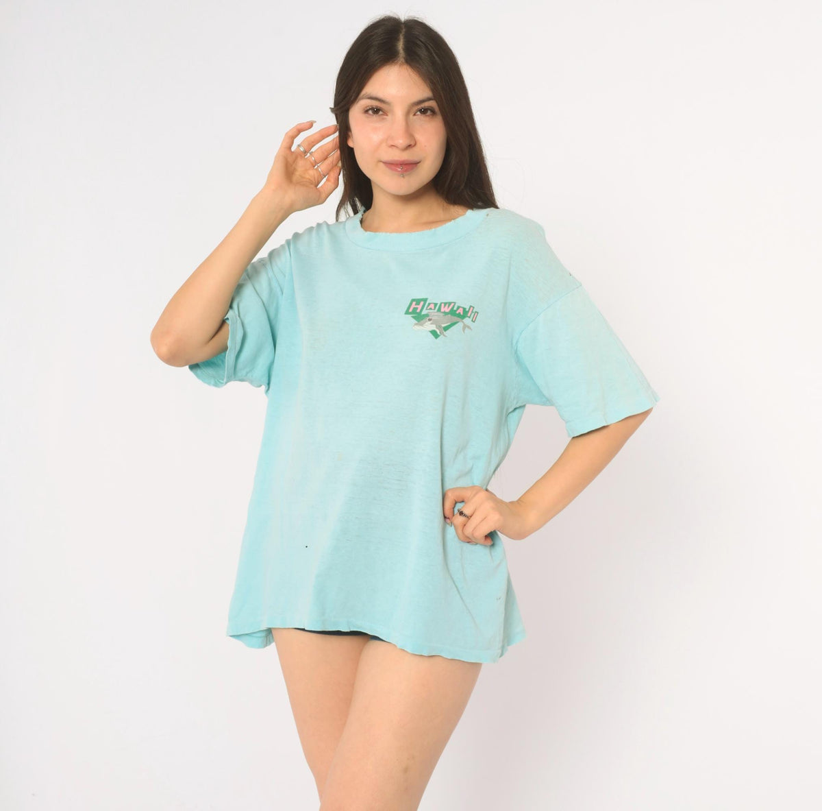 90s Super Cru Hawaii Whale Graphic Tee Light Blue Cotton Large L