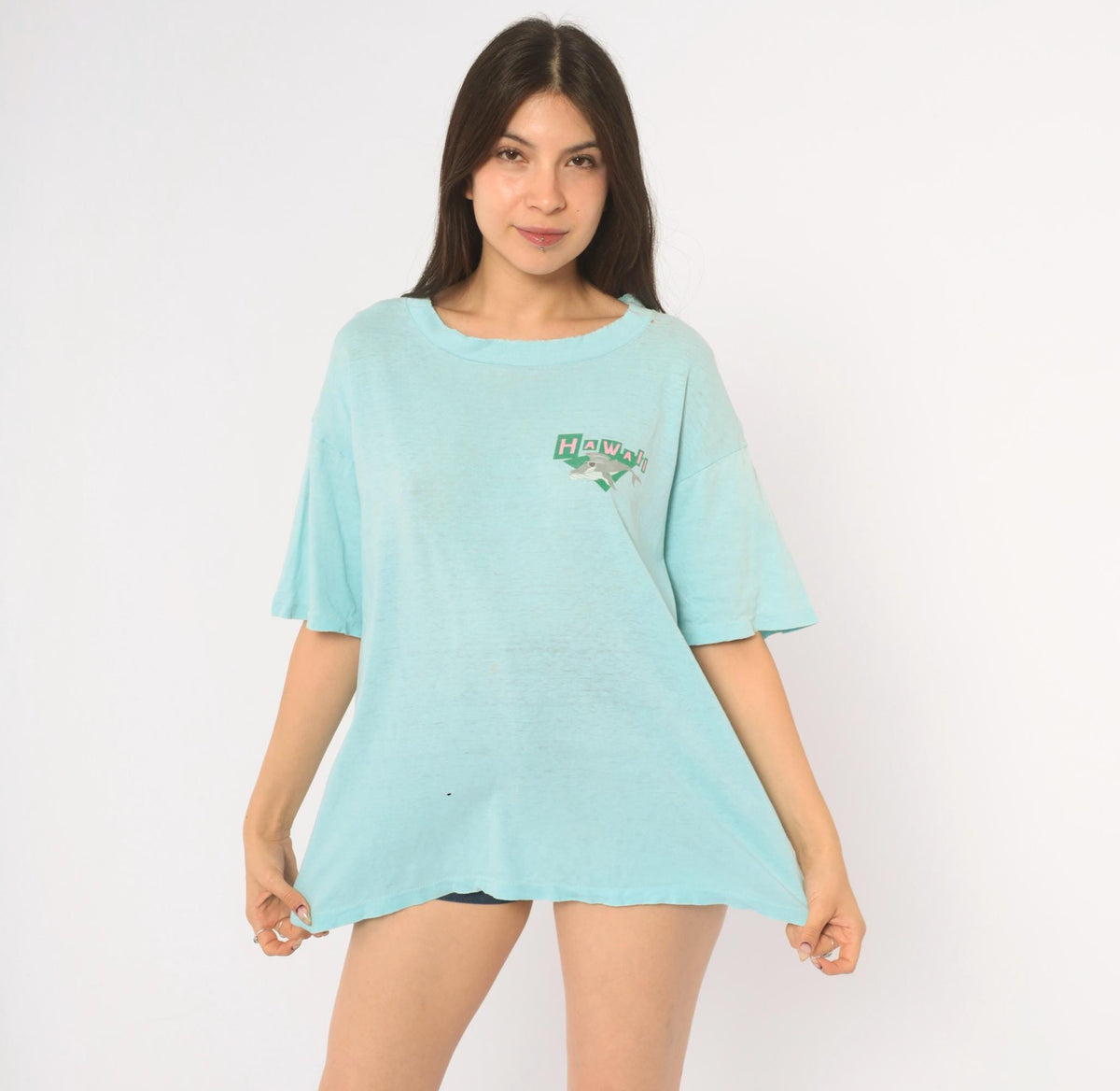 90s Super Cru Hawaii Whale Graphic Tee Light Blue Cotton Large L