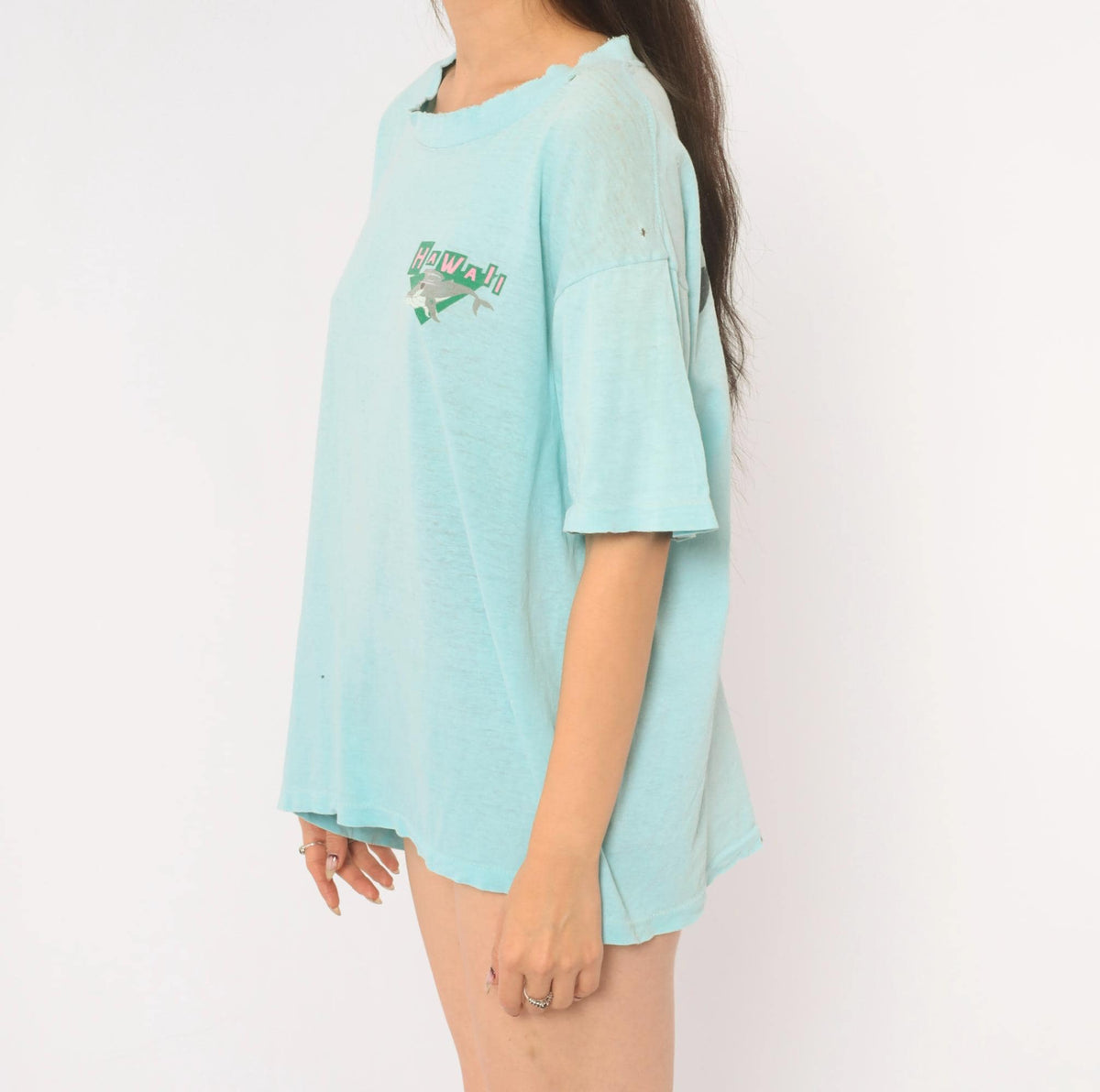 90s Super Cru Hawaii Whale Graphic Tee Light Blue Cotton Large L