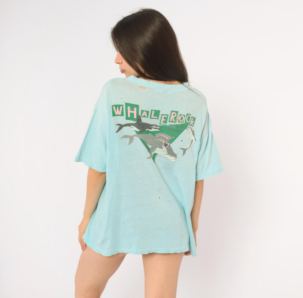 90s Super Cru Hawaii Whale Graphic Tee Light Blue Cotton Large L