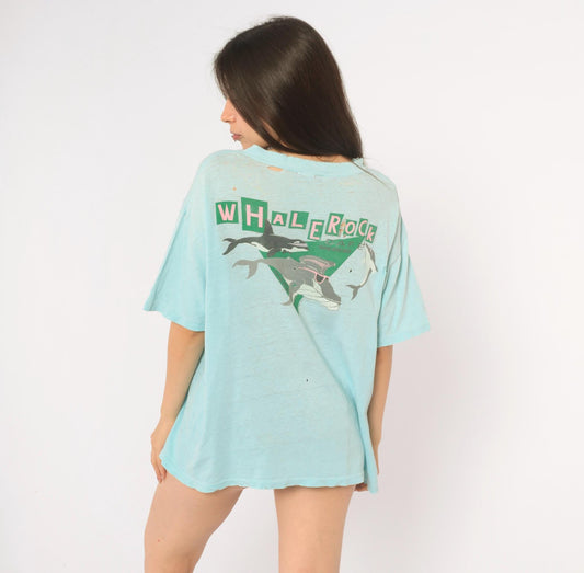 90s Super Cru Hawaii Whale Graphic Tee Light Blue Cotton Large L