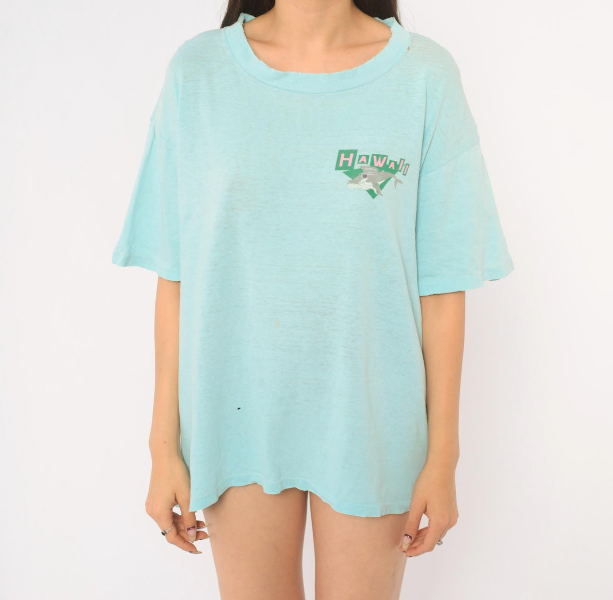 90s Super Cru Hawaii Whale Graphic Tee Light Blue Cotton Large L