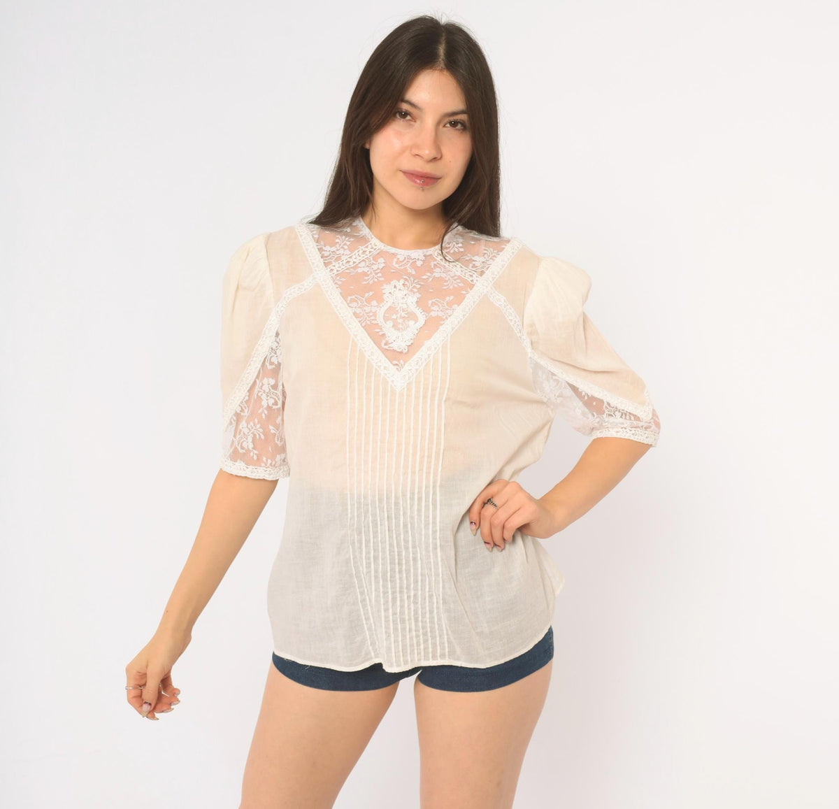 80s Scott Mcclintock White Lace Blouse Puff Sleeve Pintuck Cotton Large L