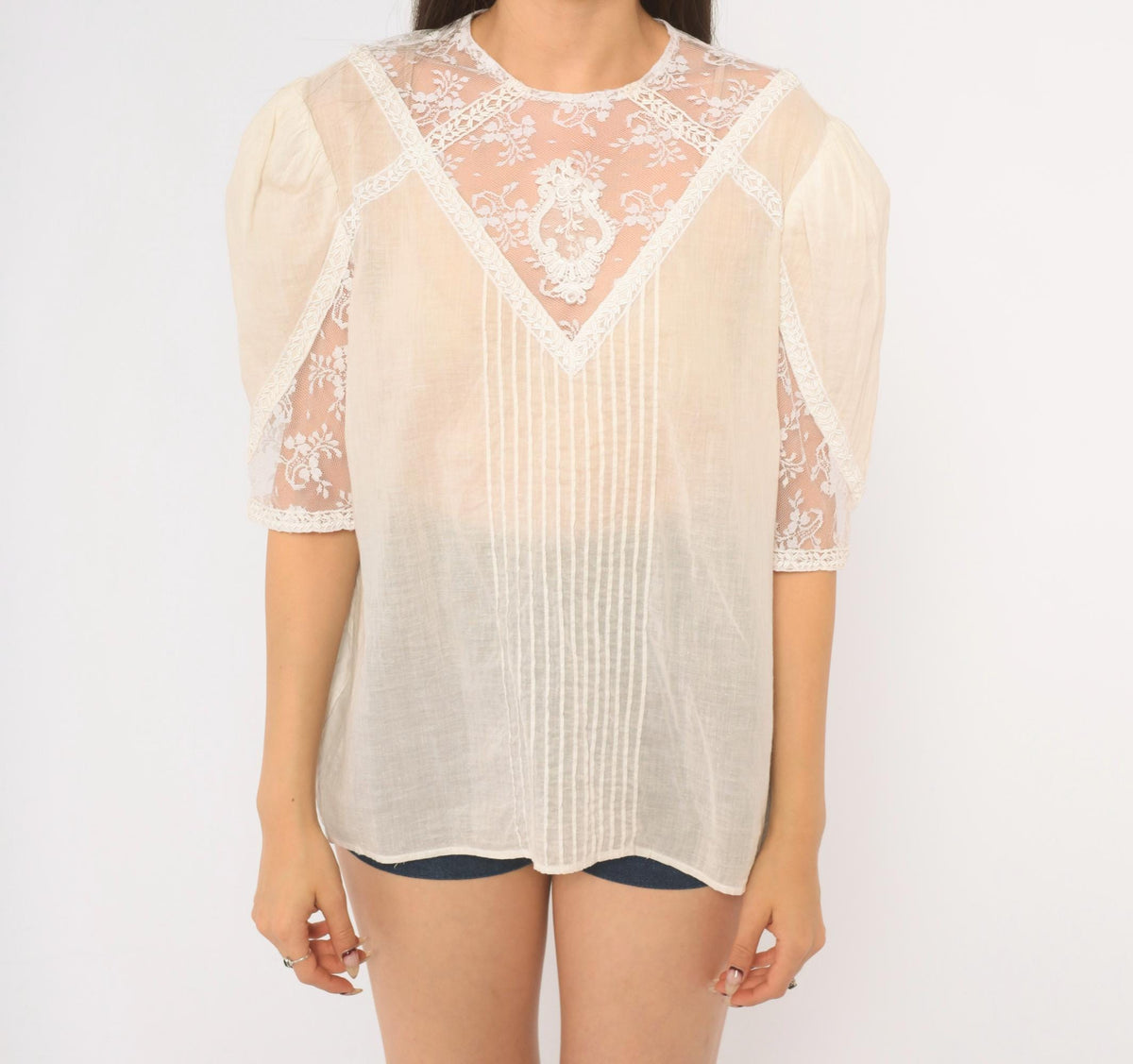 80s Scott Mcclintock White Lace Blouse Puff Sleeve Pintuck Cotton Large L
