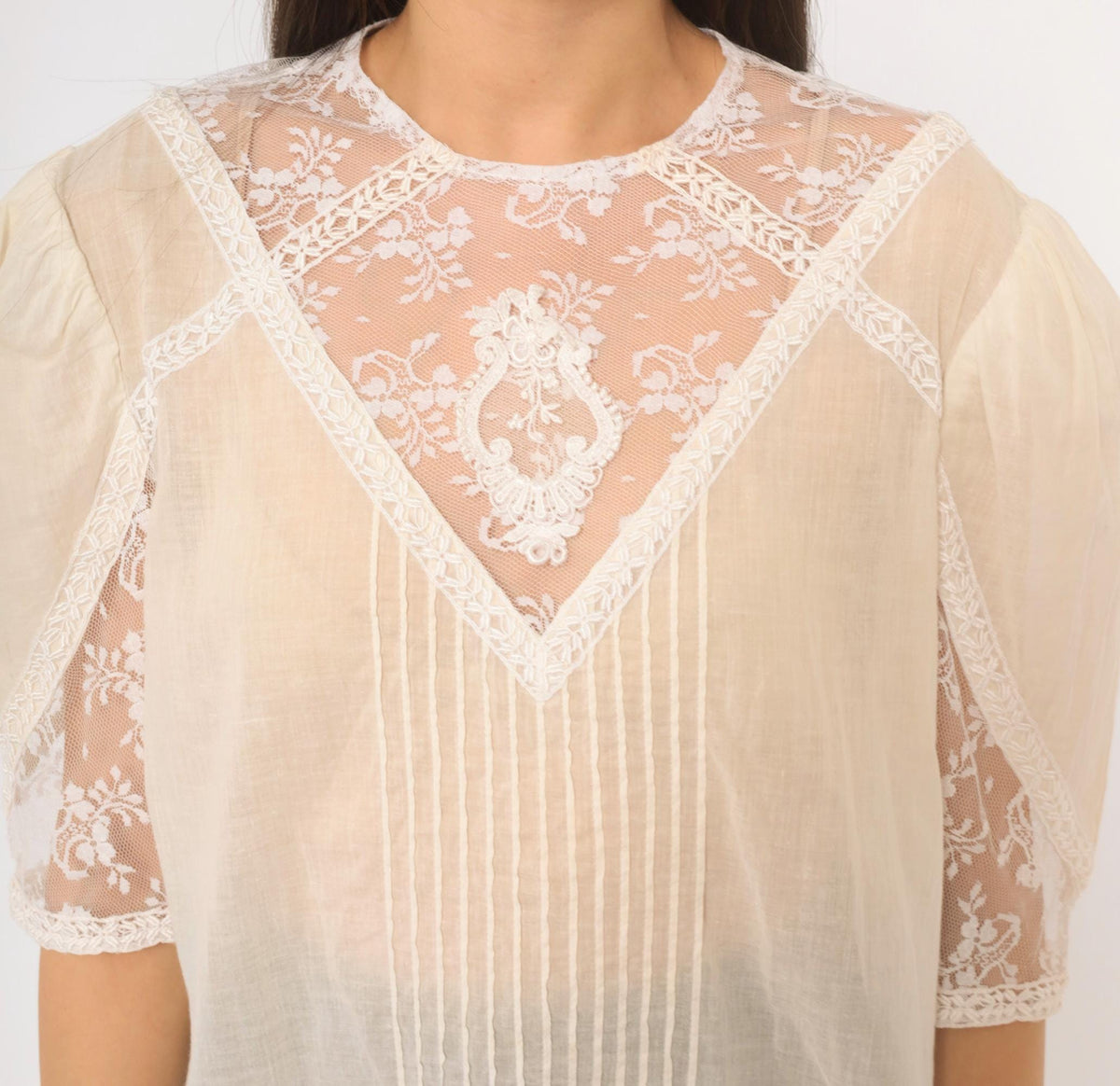 80s Scott Mcclintock White Lace Blouse Puff Sleeve Pintuck Cotton Large L