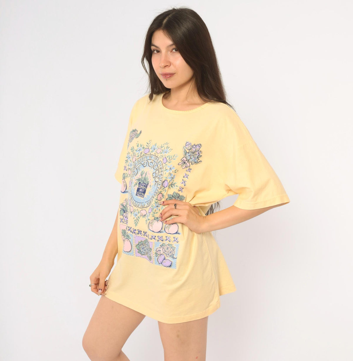 90s Casual News Floral Graphic Tee Yellow Pastel Fruit Print Small S