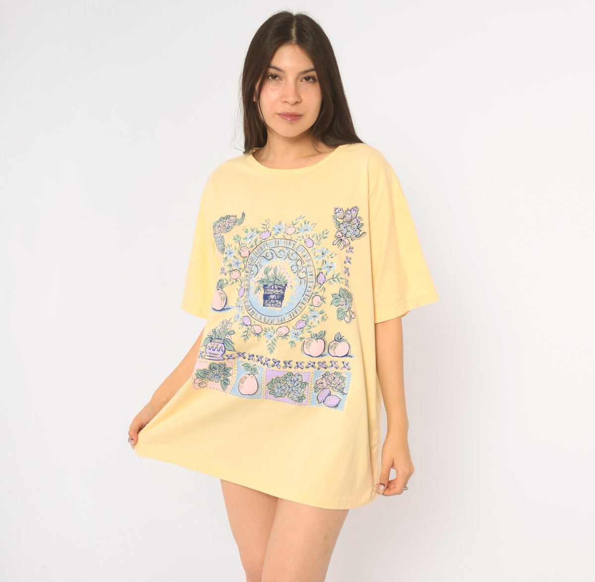 90s Casual News Floral Graphic Tee Yellow Pastel Fruit Print Small S