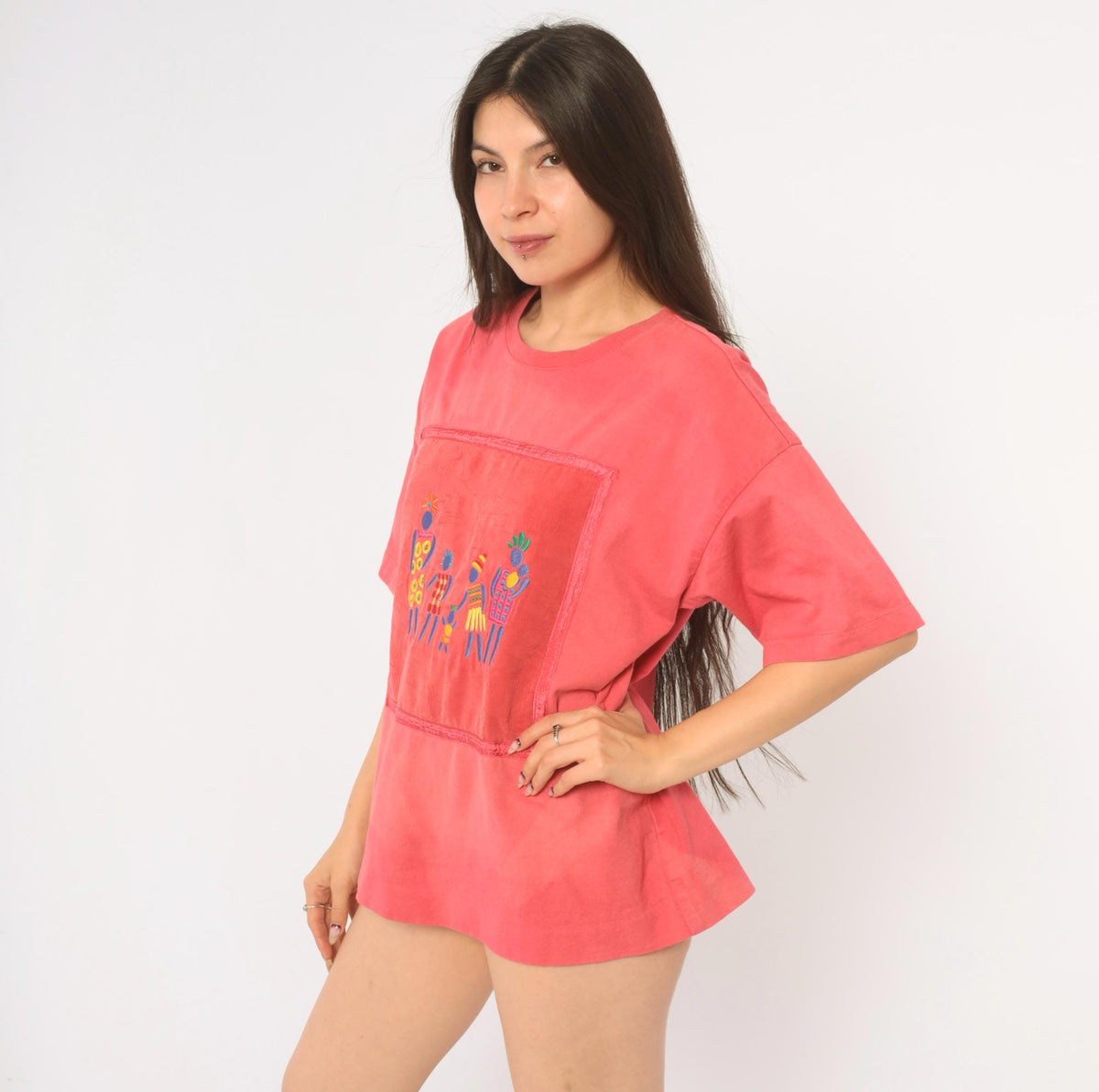 Y2K Johnny Was Coral Embroidered Cotton Tee Figures Folk Art Medium M