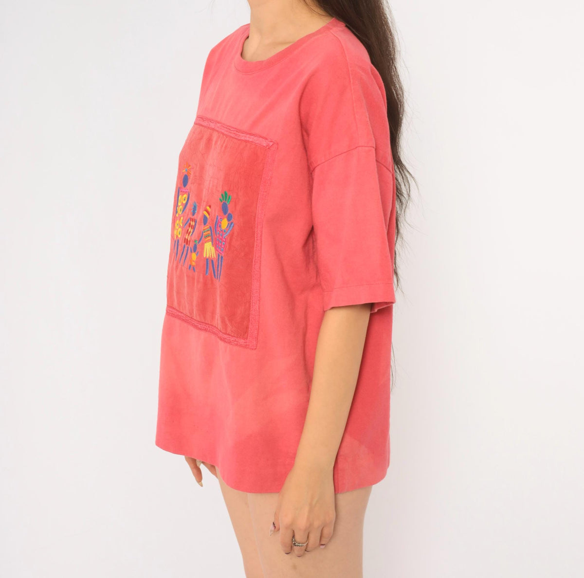 Y2K Johnny Was Coral Embroidered Cotton Tee Figures Folk Art Medium M