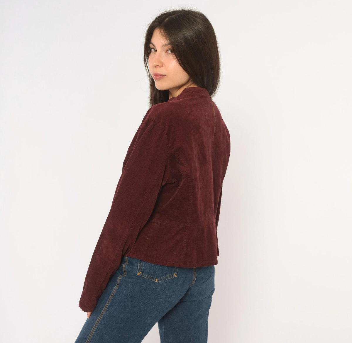 Y2K Burgundy Corduroy Jacket Cropped Military Stand Collar Peplum Large L