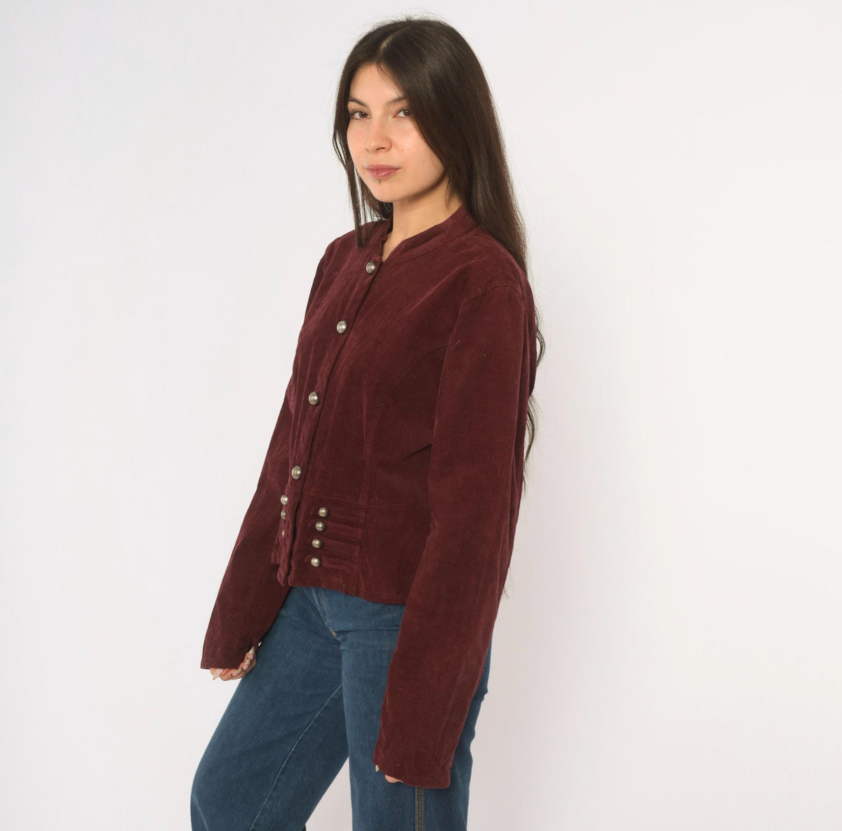 Y2K Burgundy Corduroy Jacket Cropped Military Stand Collar Peplum Large L