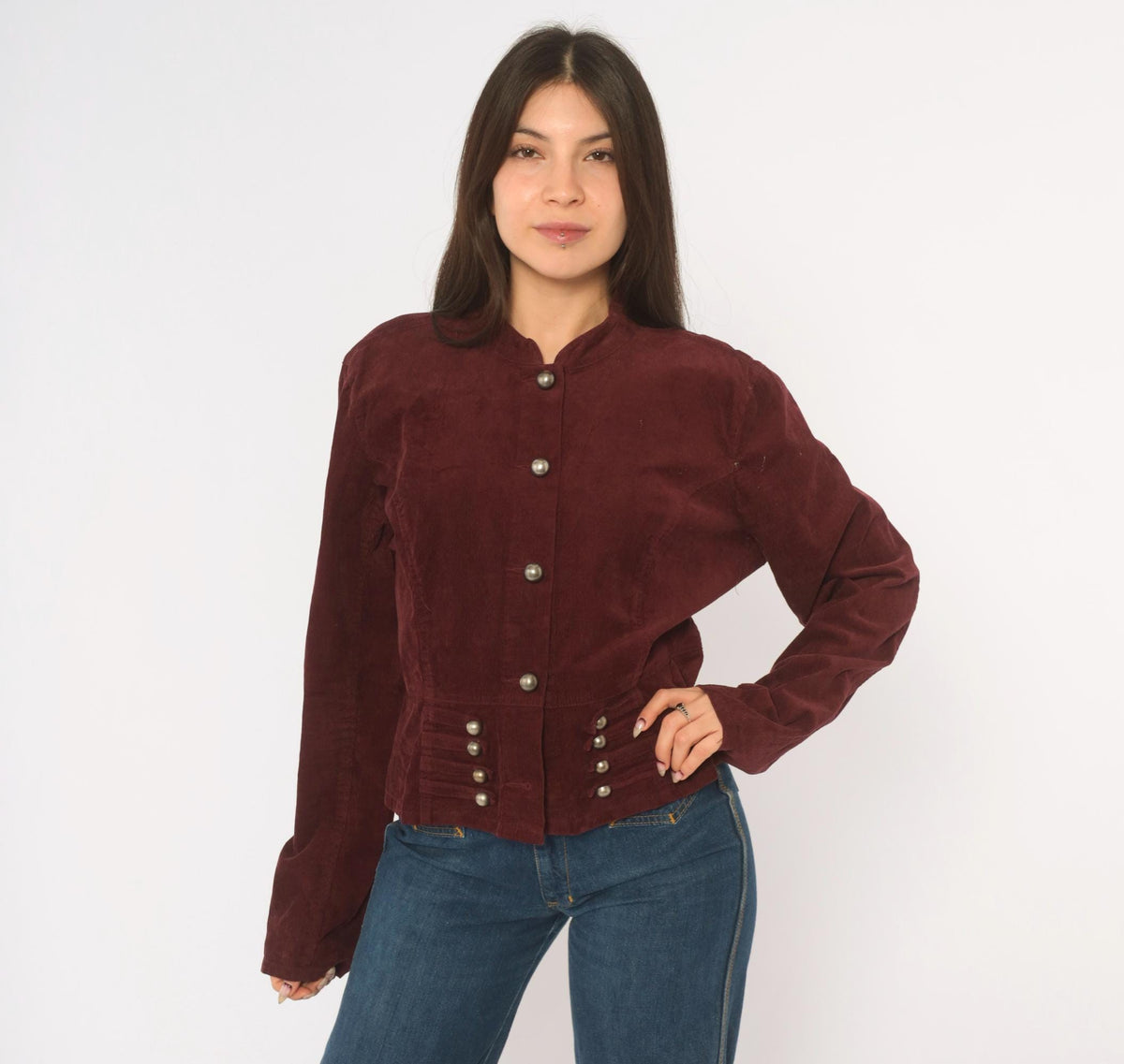 Y2K Burgundy Corduroy Jacket Cropped Military Stand Collar Peplum Large L