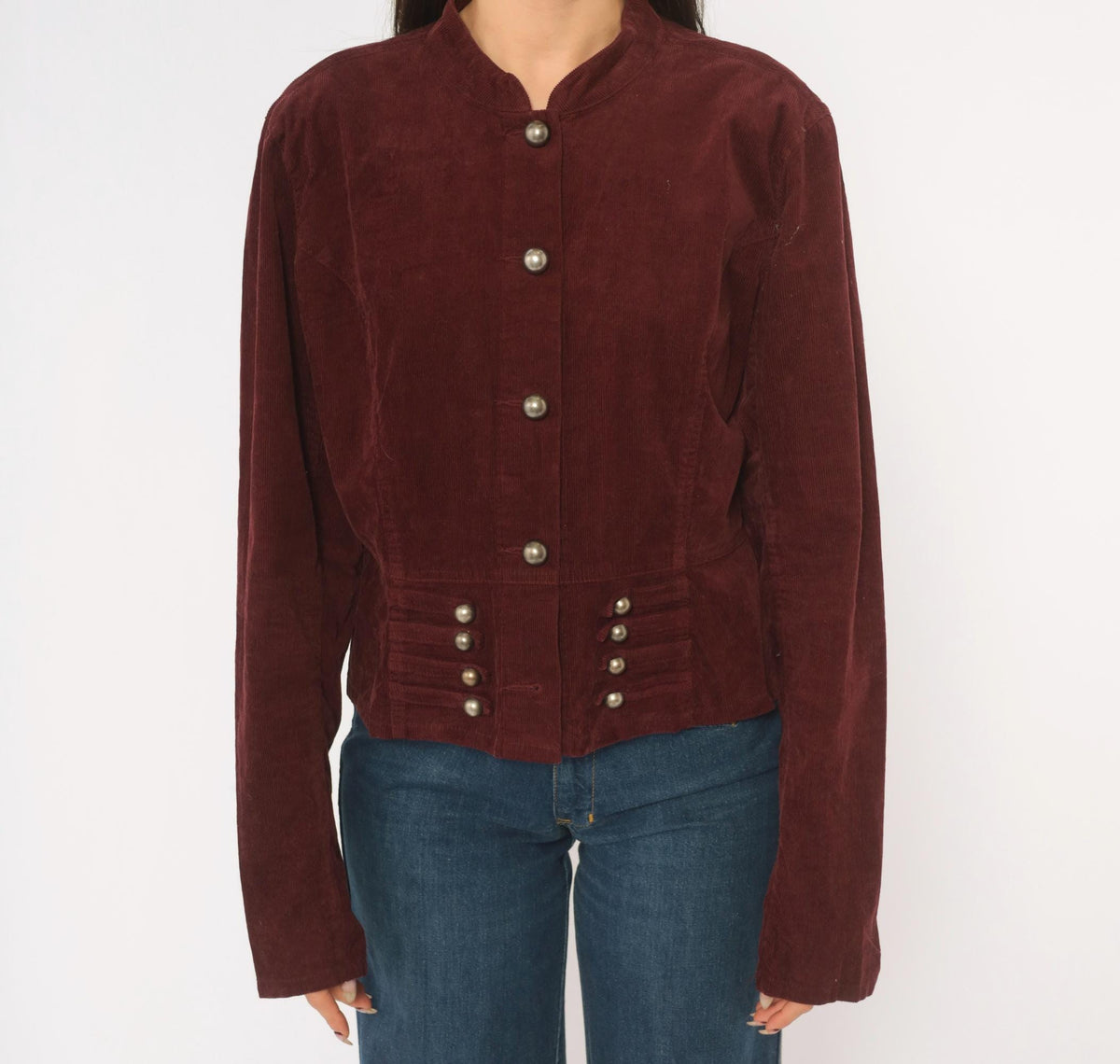 Y2K Burgundy Corduroy Jacket Cropped Military Stand Collar Peplum Large L