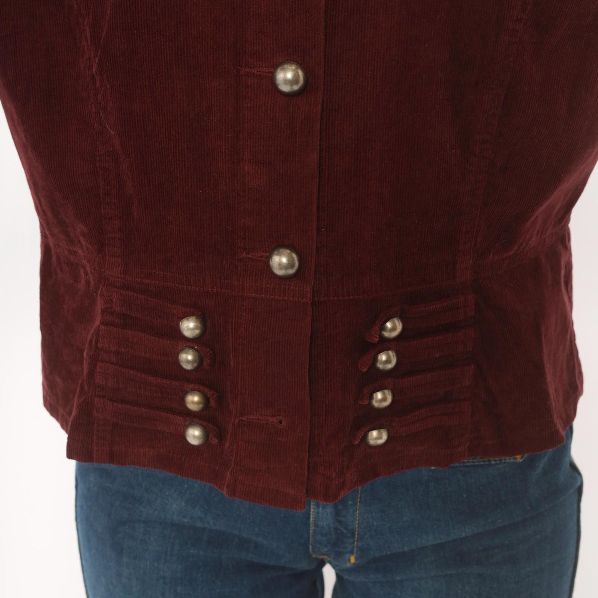 Y2K Burgundy Corduroy Jacket Cropped Military Stand Collar Peplum Large L