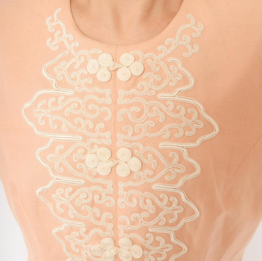 80s Donna Morgan Peach Linen Jumpsuit Soutache Embroidered Short Sleeve Small