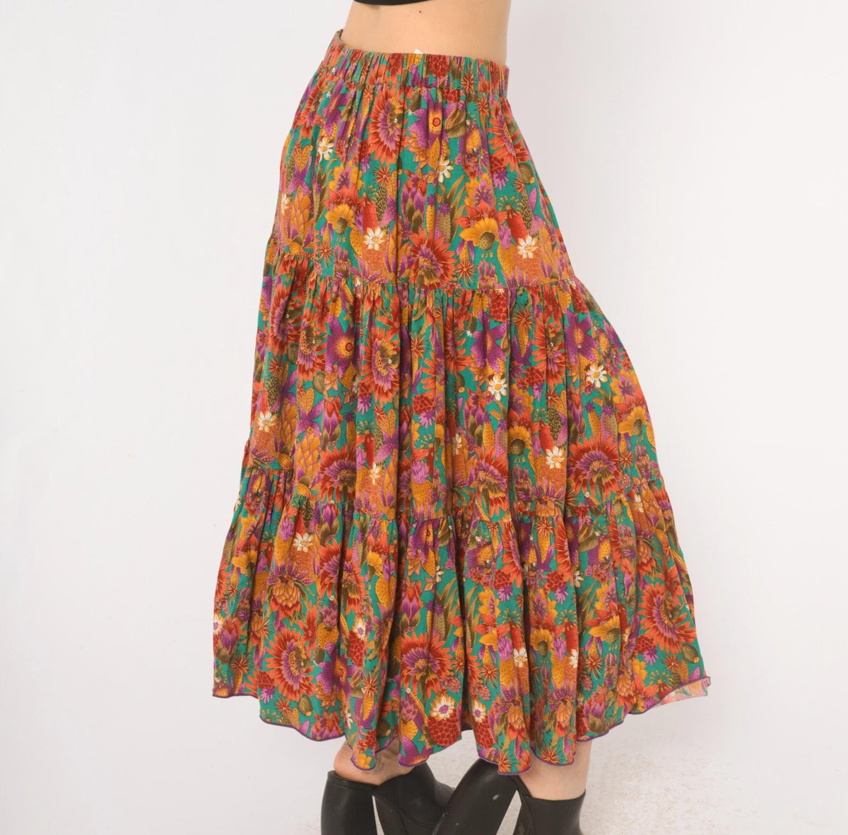 90s Country Fashions Cactus Floral Tiered Midi Skirt Teal Rust Purple Large
