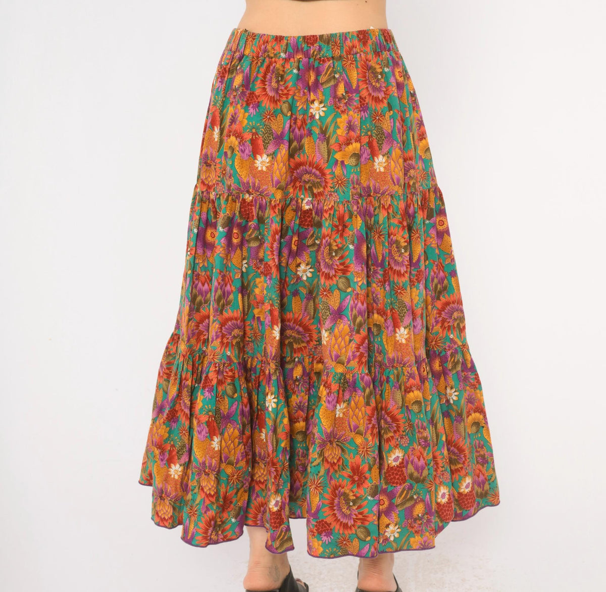 90s Country Fashions Cactus Floral Tiered Midi Skirt Teal Rust Purple Large
