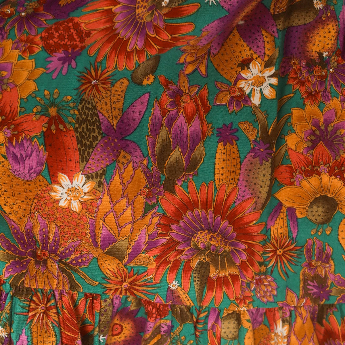 90s Country Fashions Cactus Floral Tiered Midi Skirt Teal Rust Purple Large