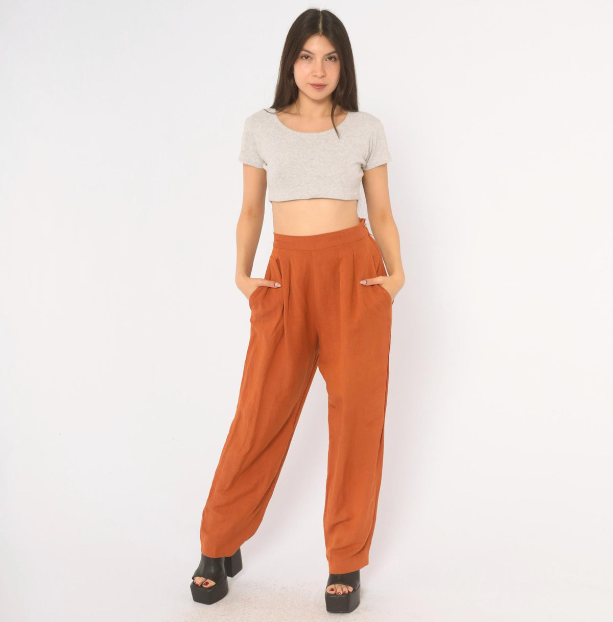 90s NY Sake Linen Pleated High-Waist Trousers Rust Orange Tapered Small S