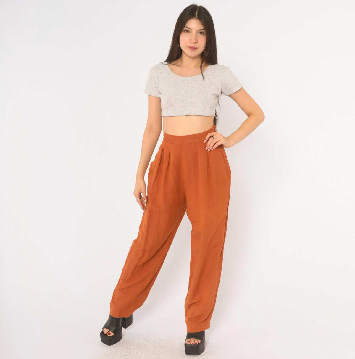 90s NY Sake Linen Pleated High-Waist Trousers Rust Orange Tapered Small S