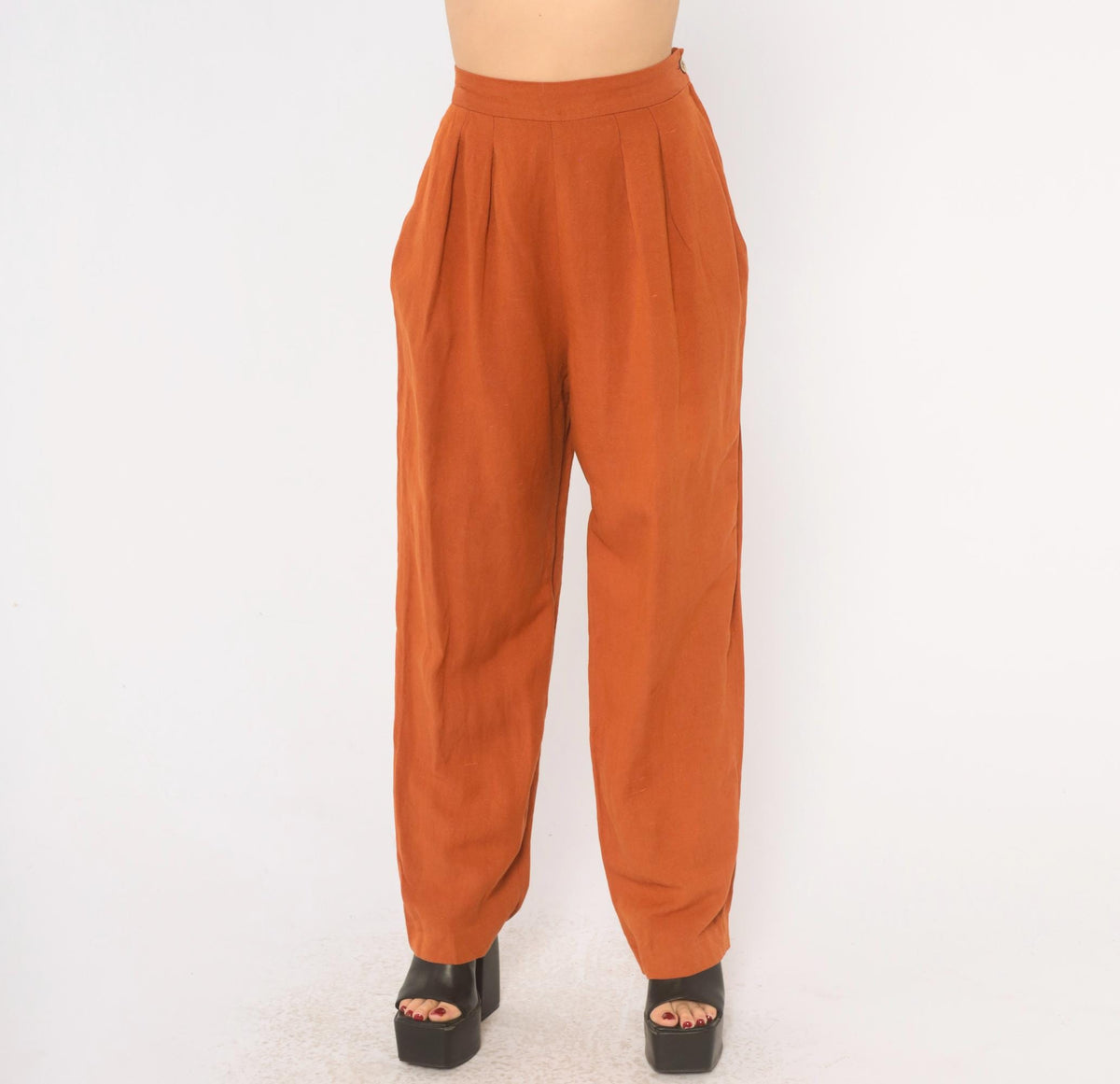 90s NY Sake Linen Pleated High-Waist Trousers Rust Orange Tapered Small S