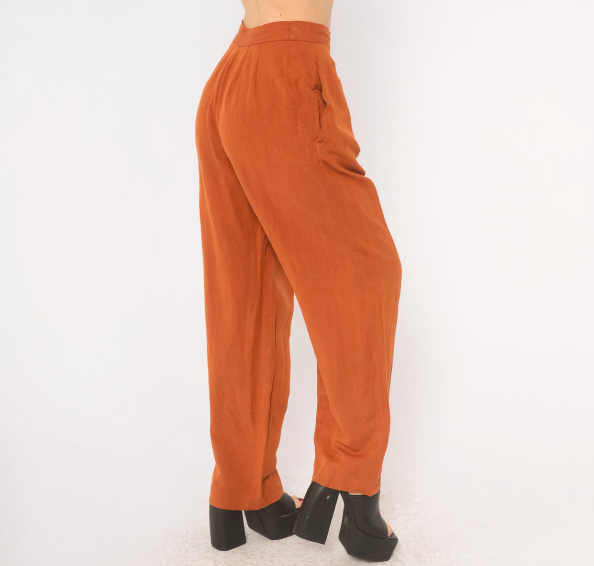90s NY Sake Linen Pleated High-Waist Trousers Rust Orange Tapered Small S