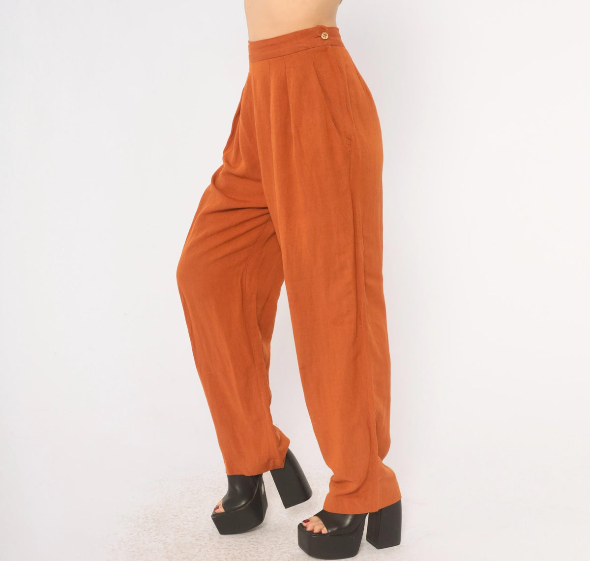 90s NY Sake Linen Pleated High-Waist Trousers Rust Orange Tapered Small S