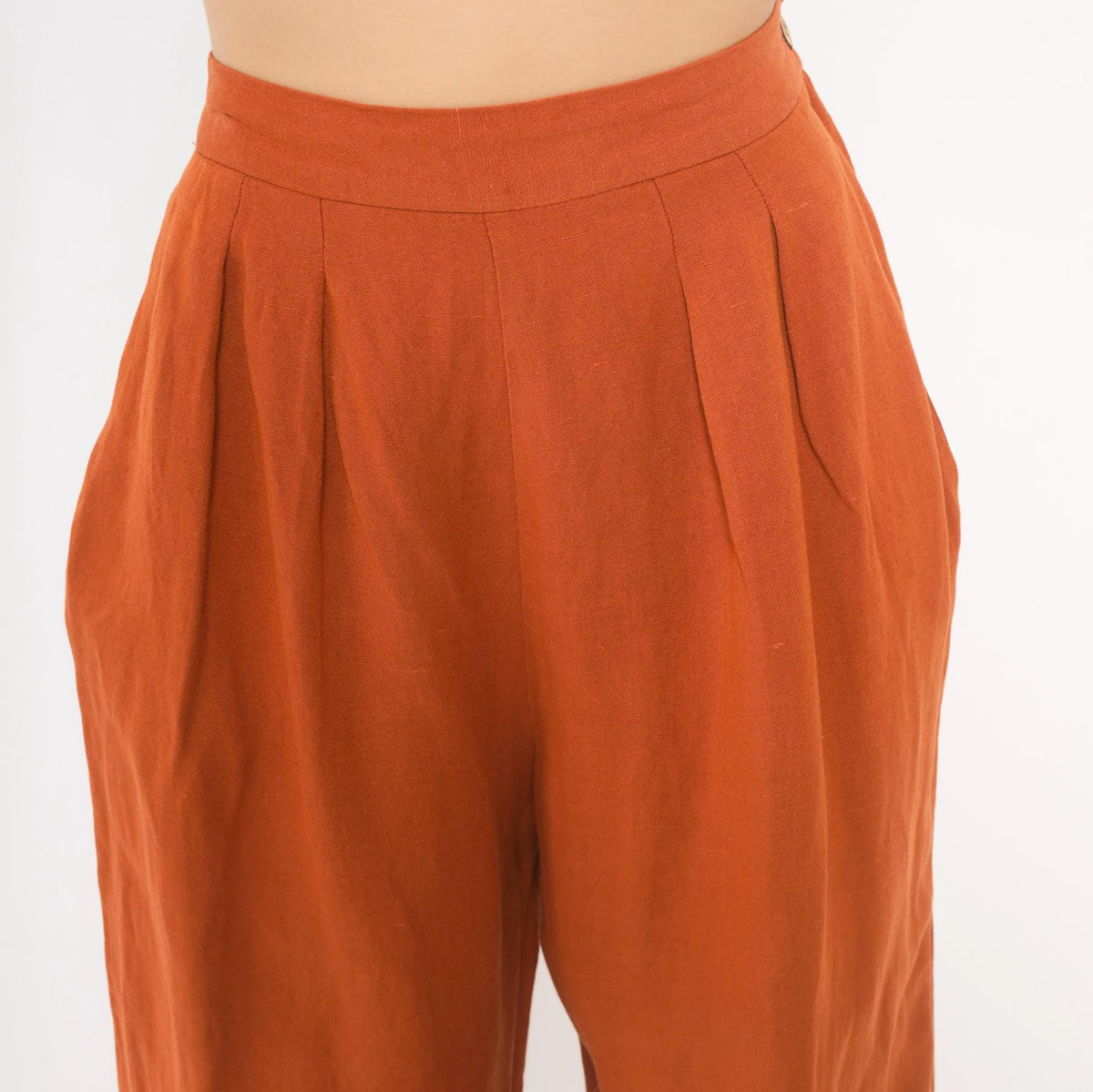 90s NY Sake Linen Pleated High-Waist Trousers Rust Orange Tapered Small S