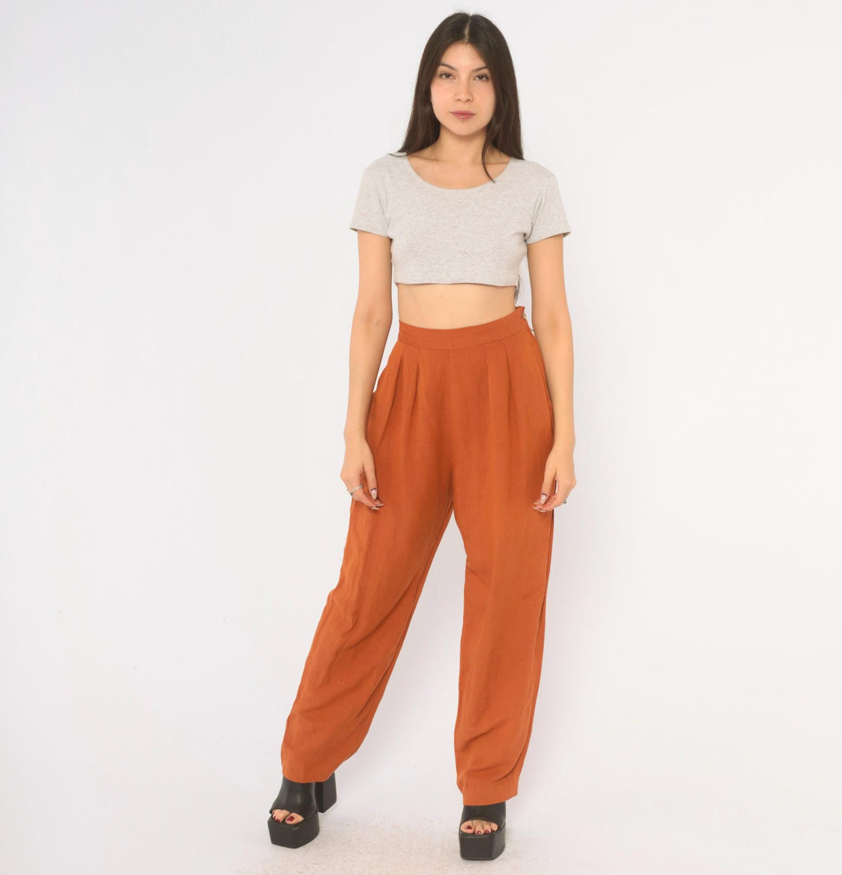 90s NY Sake Linen Pleated High-Waist Trousers Rust Orange Tapered Small S