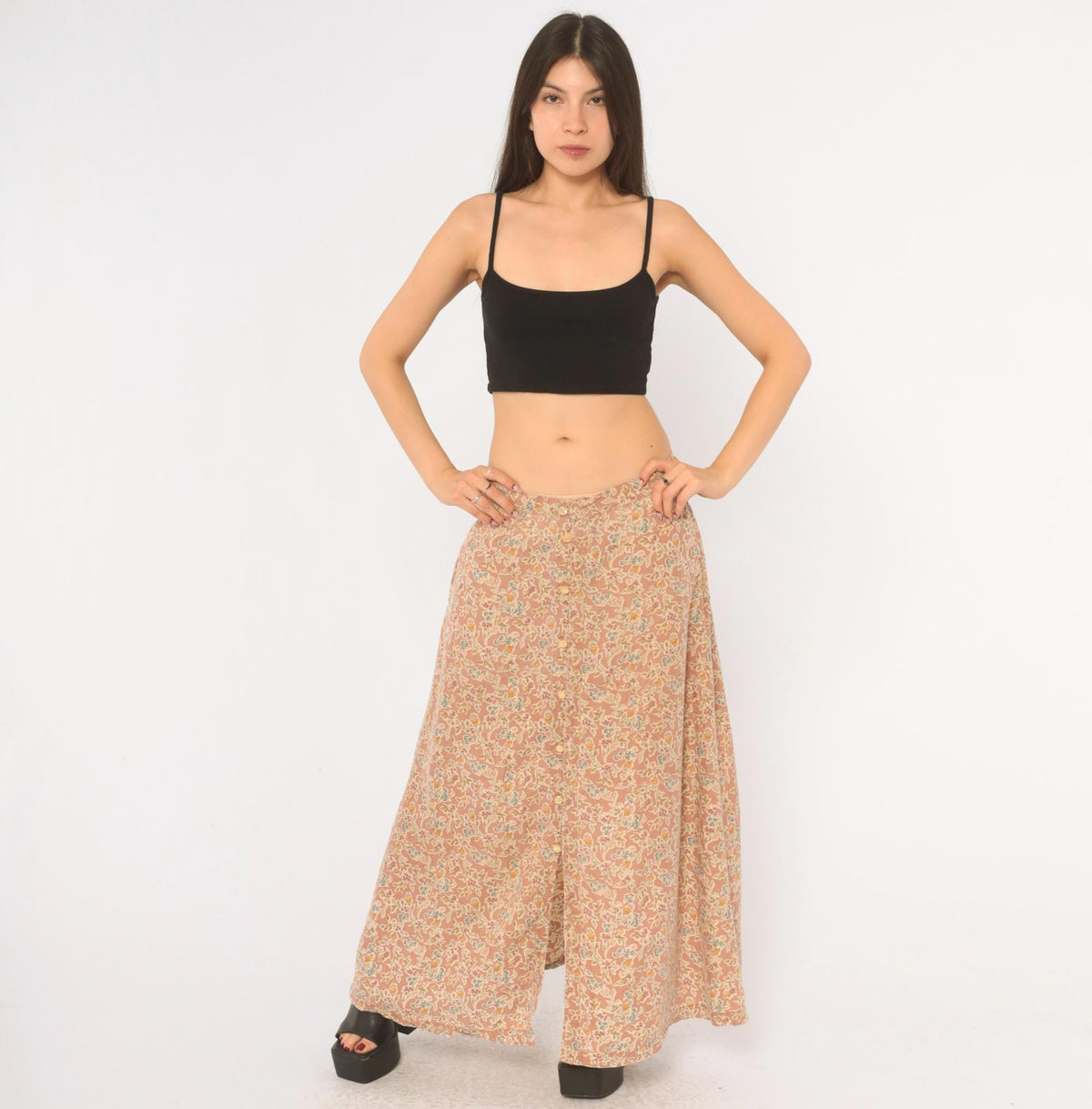 90s Lizwear Floral Skirt Pink Cream Button Front A-Line Ankle Length Large