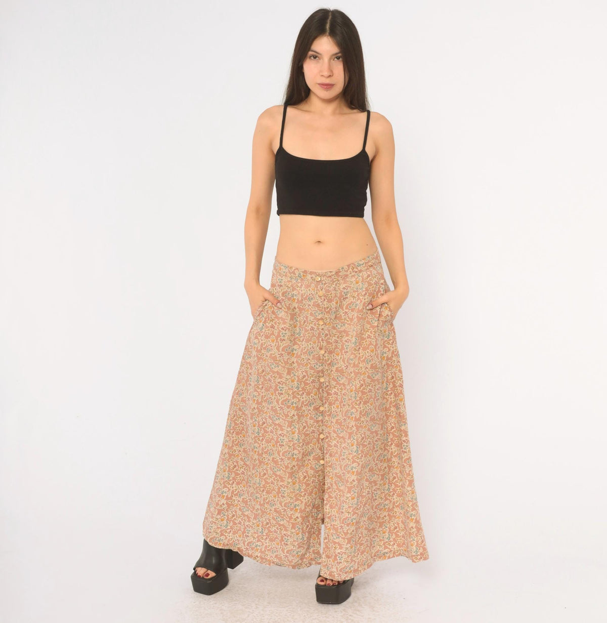 90s Lizwear Floral Skirt Pink Cream Button Front A-Line Ankle Length Large