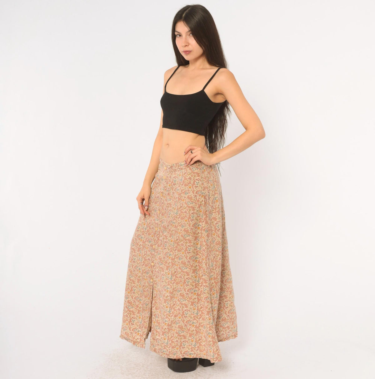 90s Lizwear Floral Skirt Pink Cream Button Front A-Line Ankle Length Large