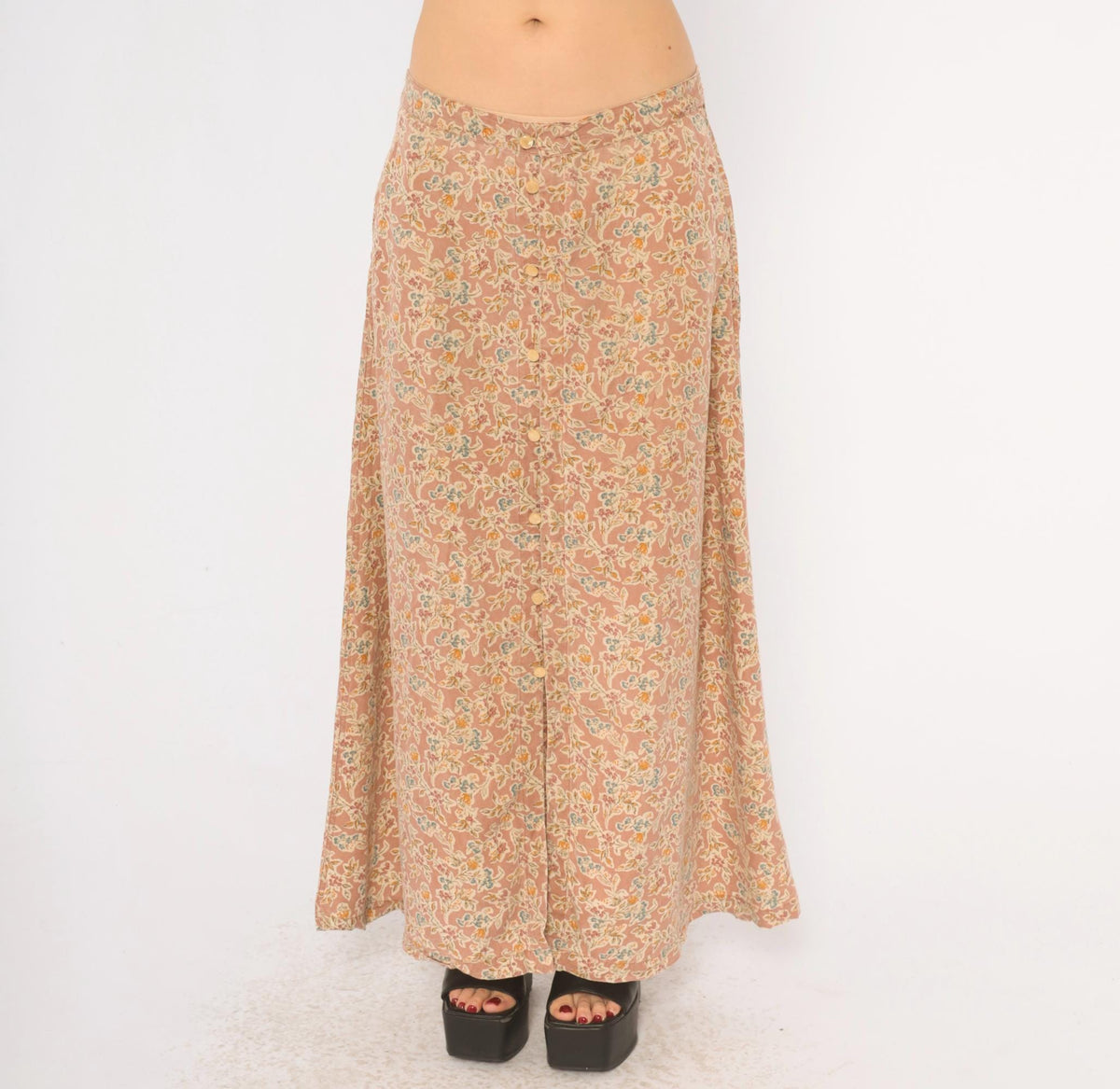 90s Lizwear Floral Skirt Pink Cream Button Front A-Line Ankle Length Large