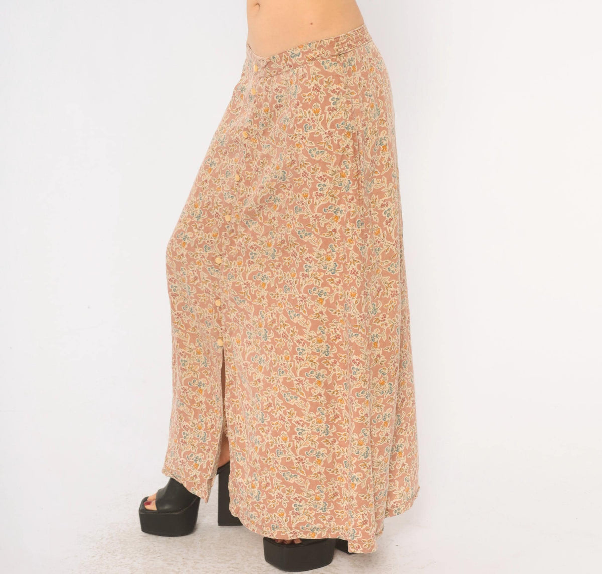 90s Lizwear Floral Skirt Pink Cream Button Front A-Line Ankle Length Large
