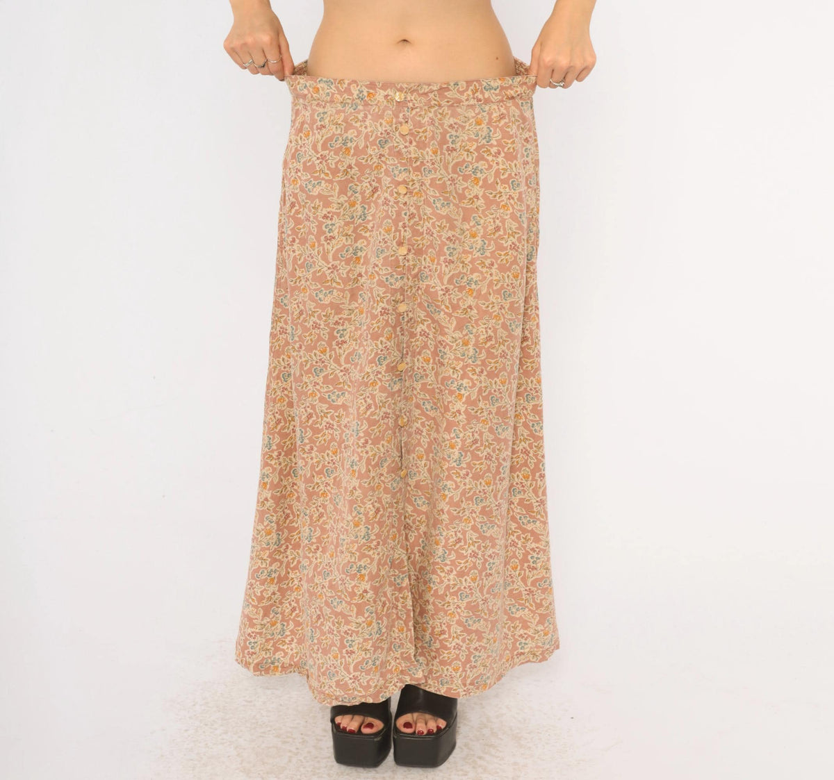 90s Lizwear Floral Skirt Pink Cream Button Front A-Line Ankle Length Large