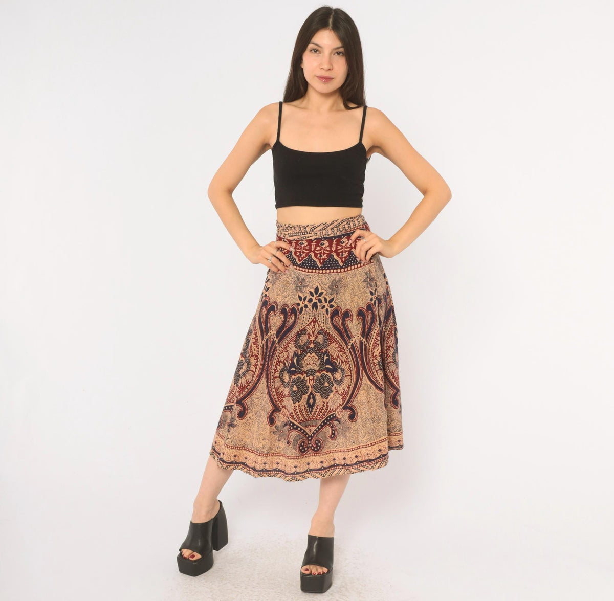 70s Batik Wrap Skirt Beige Navy Burgundy Paisley Cotton Midi Small