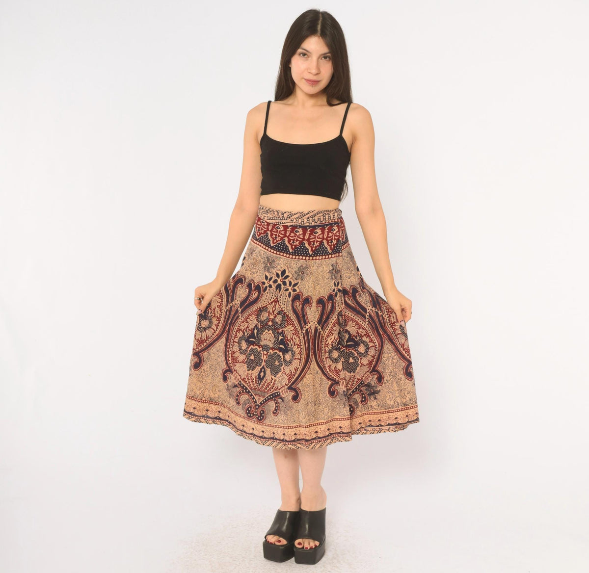 70s Batik Wrap Skirt Beige Navy Burgundy Paisley Cotton Midi Small