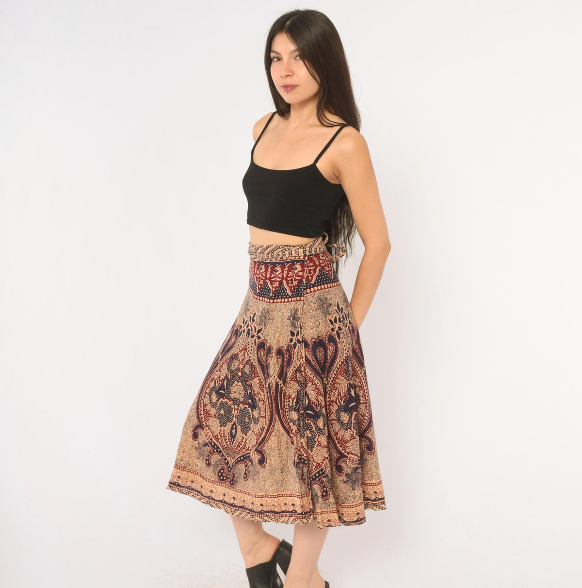 70s Batik Wrap Skirt Beige Navy Burgundy Paisley Cotton Midi Small