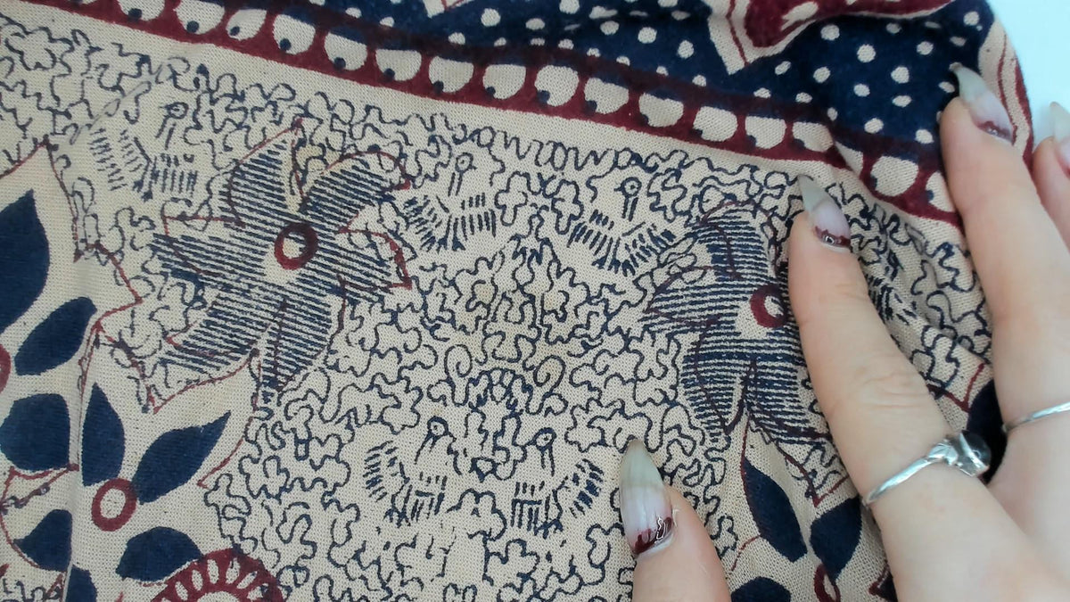 70s Batik Wrap Skirt Beige Navy Burgundy Paisley Cotton Midi Small