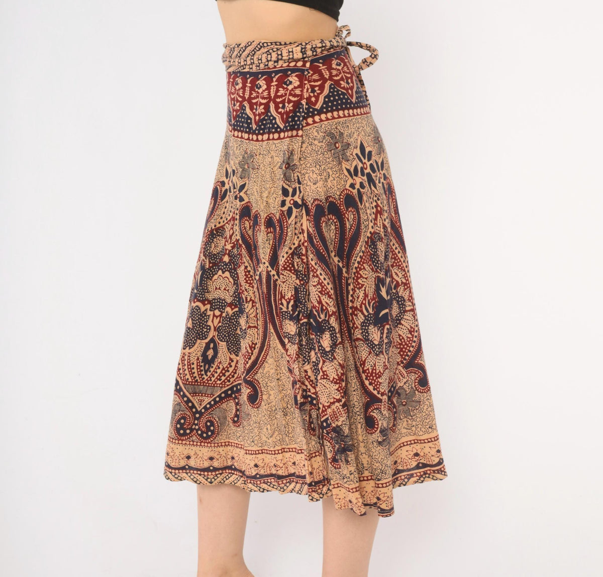 70s Batik Wrap Skirt Beige Navy Burgundy Paisley Cotton Midi Small
