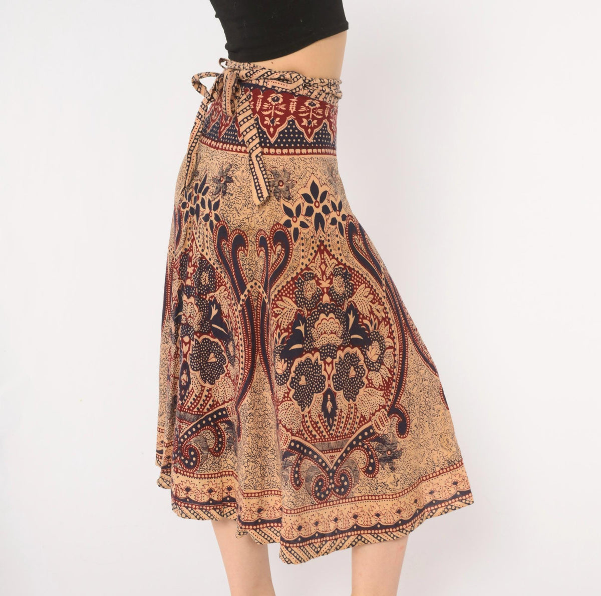 70s Batik Wrap Skirt Beige Navy Burgundy Paisley Cotton Midi Small