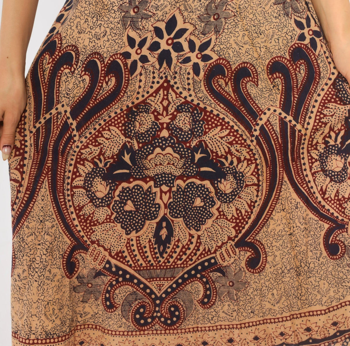 70s Batik Wrap Skirt Beige Navy Burgundy Paisley Cotton Midi Small