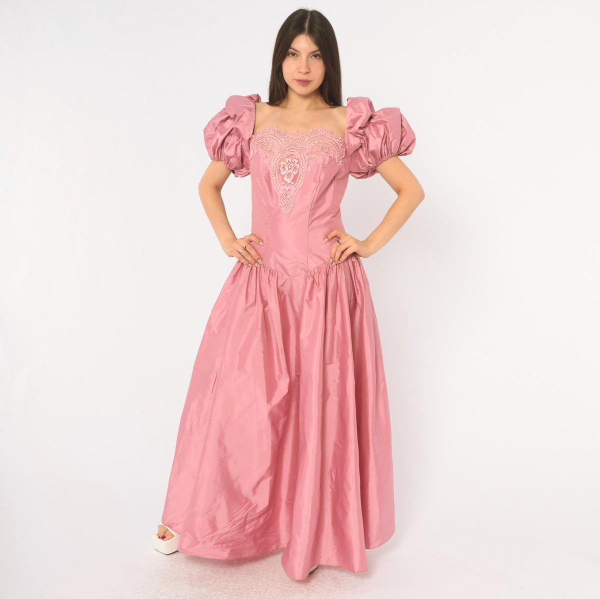 80s Dusty Rose Maxi Prom Dress Puff Sleeve Lace Applique Square Neck Large L