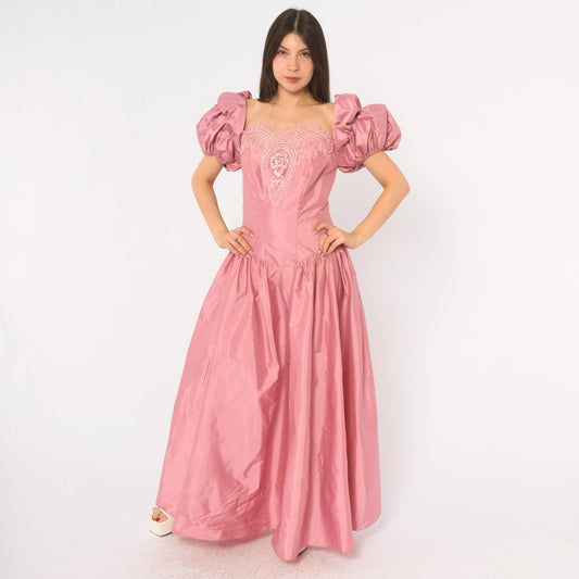 80s Dusty Rose Maxi Prom Dress Puff Sleeve Lace Applique Square Neck Large L