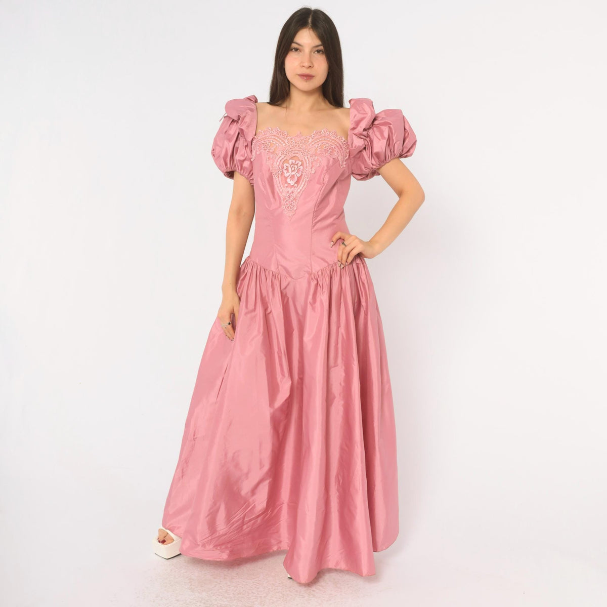 80s Dusty Rose Maxi Prom Dress Puff Sleeve Lace Applique Square Neck Large L